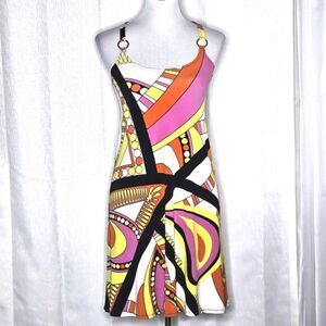 Eva Varro Vibrant Geometric Print Ring Detail Straps Fit & Flare Retro Dress
